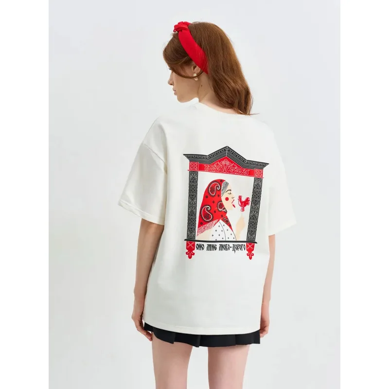 Russian Folk Art Woman & Rooster Lollipop Print Oversized Cotton T-Shirt Ornate Frame Back Graphic Tee Aesthetic Streetwear Top