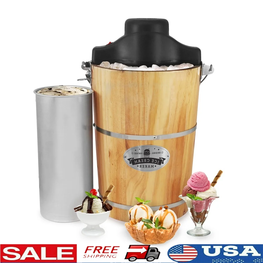 Balde de pinho antigo de 6qt, fabricante de sorvete manual elétrico com temporizador, recipiente de alumínio resistente, fácil limpeza e caseiro