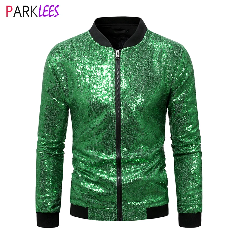 

Mens Shiny Green Sequin Sparkle Baseball Jackets Zip Up 70's Disco Party Jackets Coats Men Stage Prom Costume Jaquetas Masculina