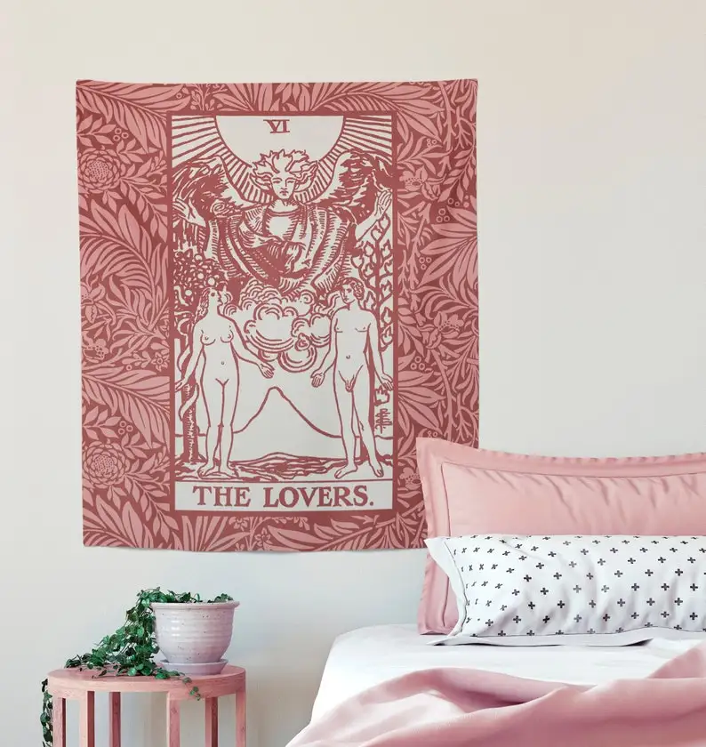 The Lovers Tarot Card Tapestry - Rider Waite The Lovers Pink Tapestry