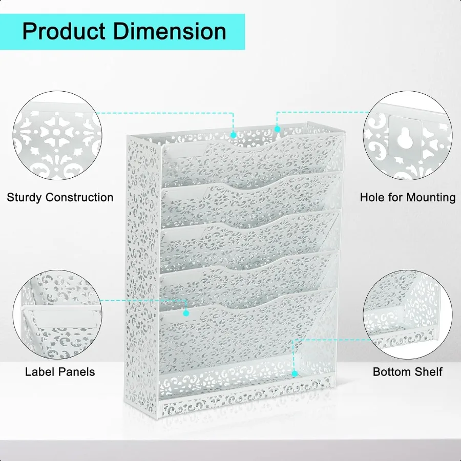 منظم ملفات مكتب EasyPAG، حامل ملفات معدني عالي التحمل مثبت على الحائط، حامل مجلد ورق بريد من 5 طبقات مع صينية سفلية للمكتب