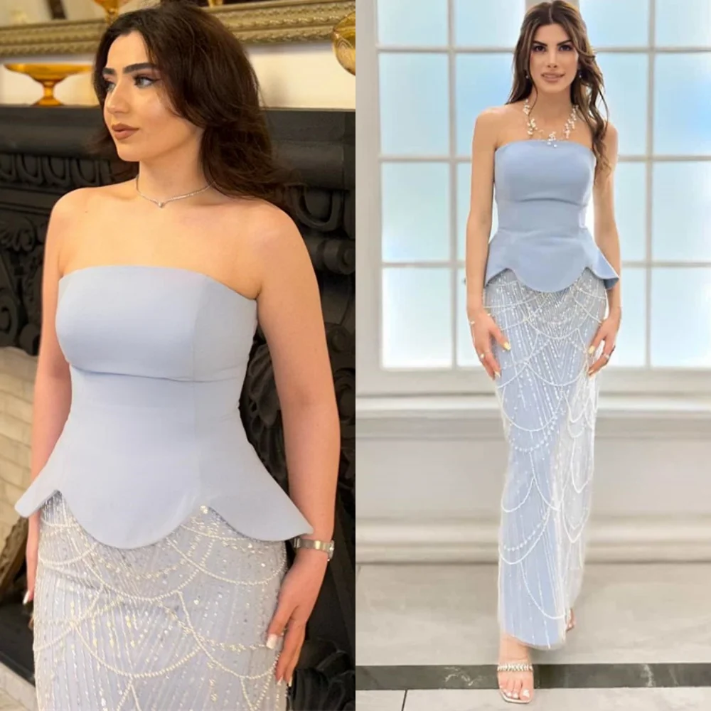

Customized Elegant Blue Jersey Evening Dresses Exquisite Strapless Sleeveless Homecoming Dresses Luxury Special Occasion Gowns