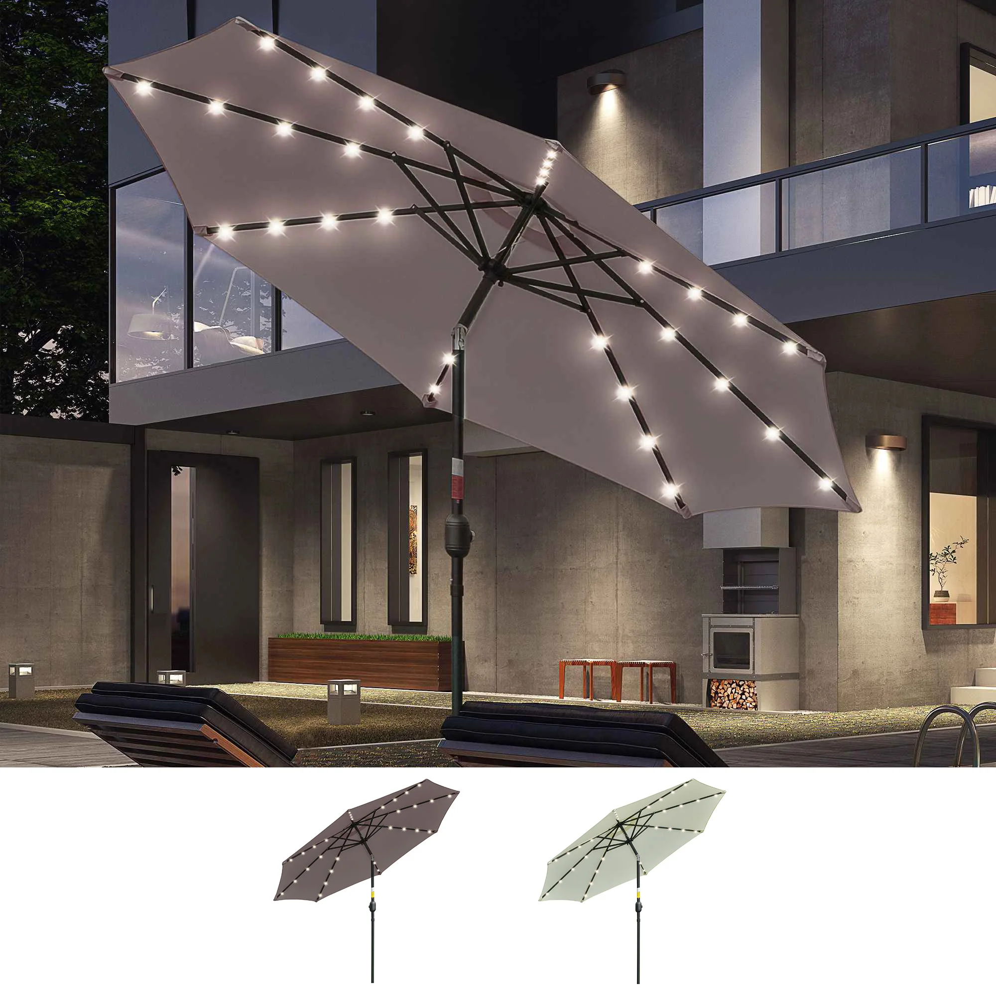 Outsunny garden umbrella with 32 solar LED lights Ø 265x233 cm steel pole crank tilt sun shade for terrace