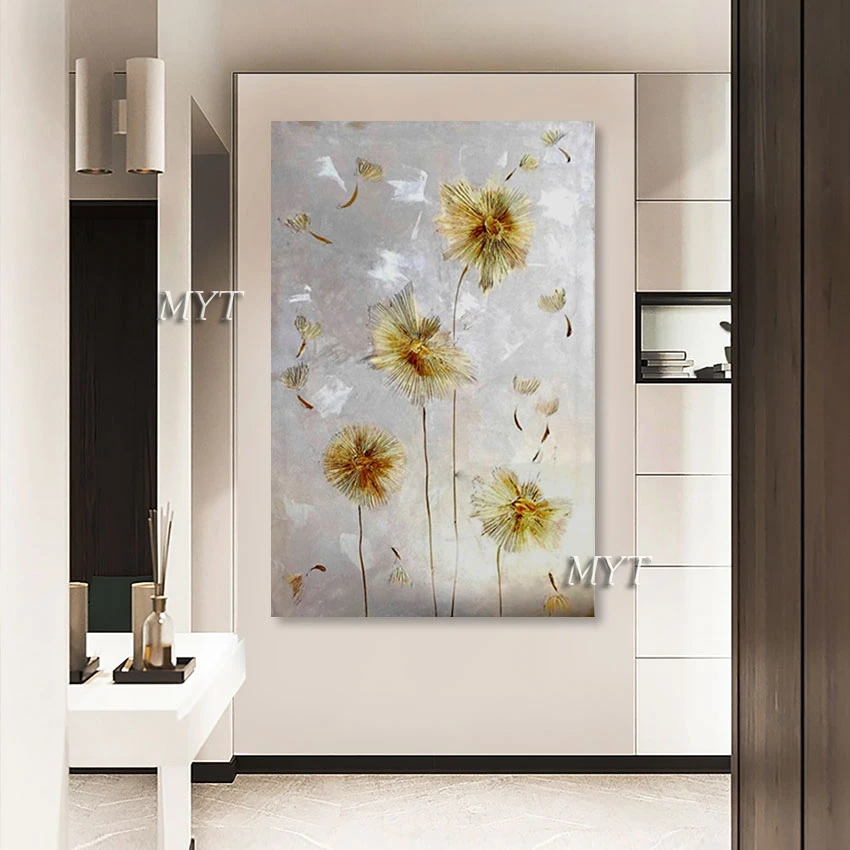 

100% Hand-painted, Latest Arrival Gold Dandelion Wall Picture Art, Canvas Abstract Oil Paintings, For Home Decoration Unframed