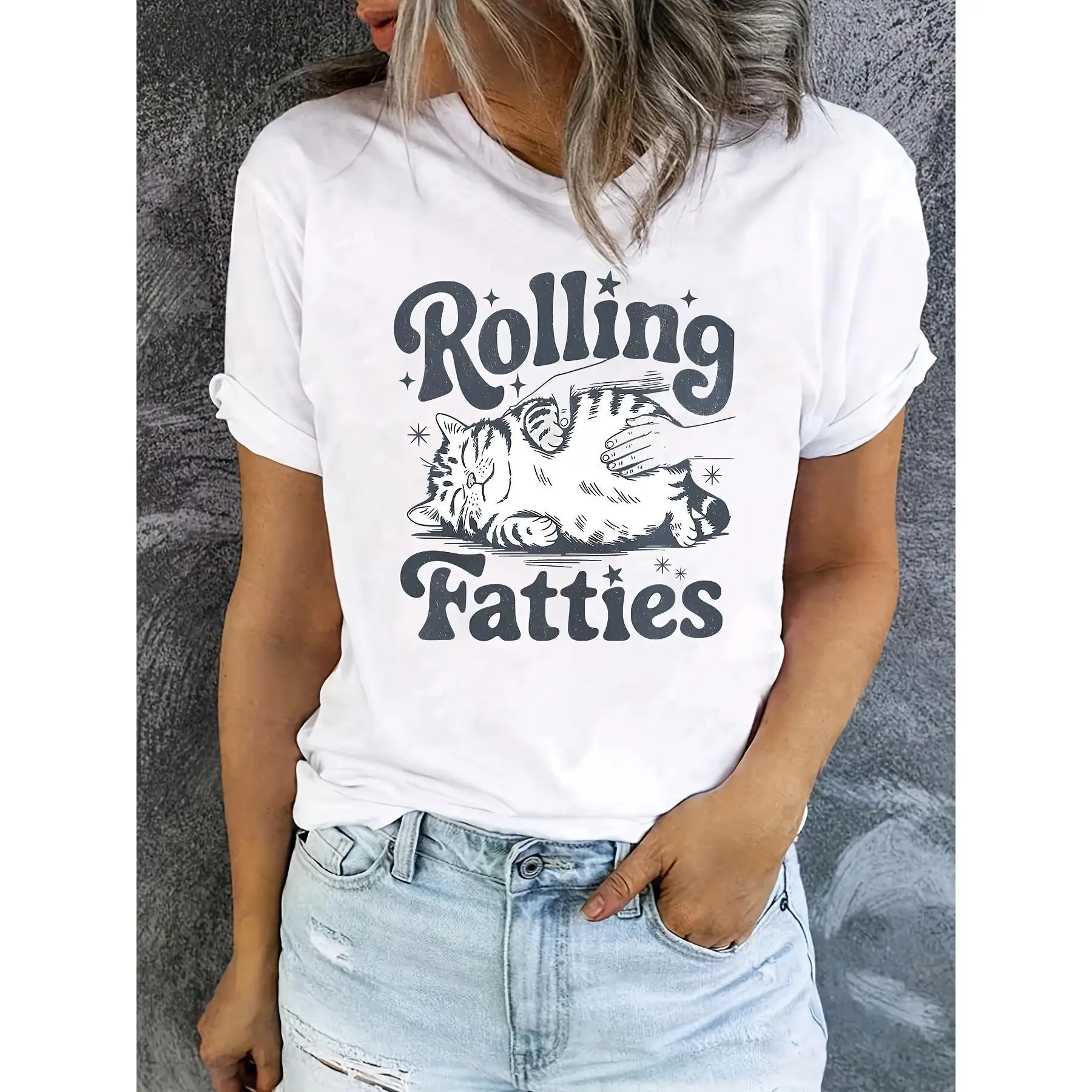 

Funny Cat T-Shirt, Women's Oversized Graphic Tees with "Rolling Fatties" Print, Cute Kitty Streetwear & Daily Top