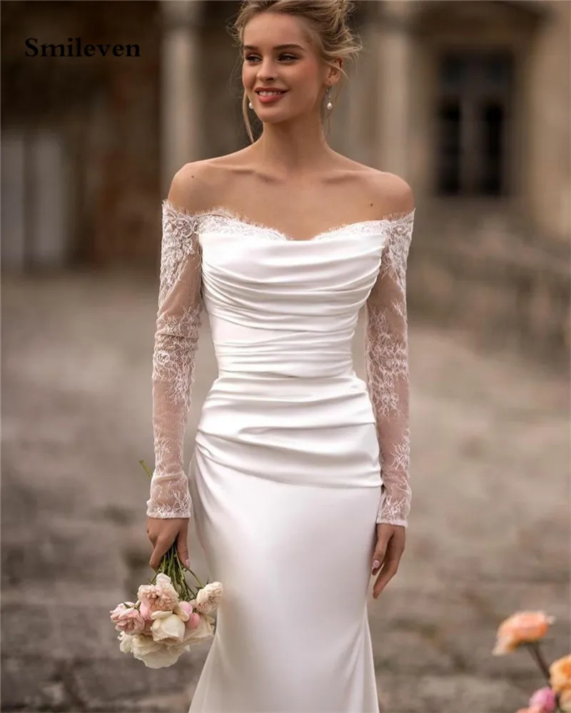 Abito da sposa a maniche lunghe in pizzo Smileven abiti da sposa a sirena in raso abiti da sposa principessa con treno staccabile vestidos de novia