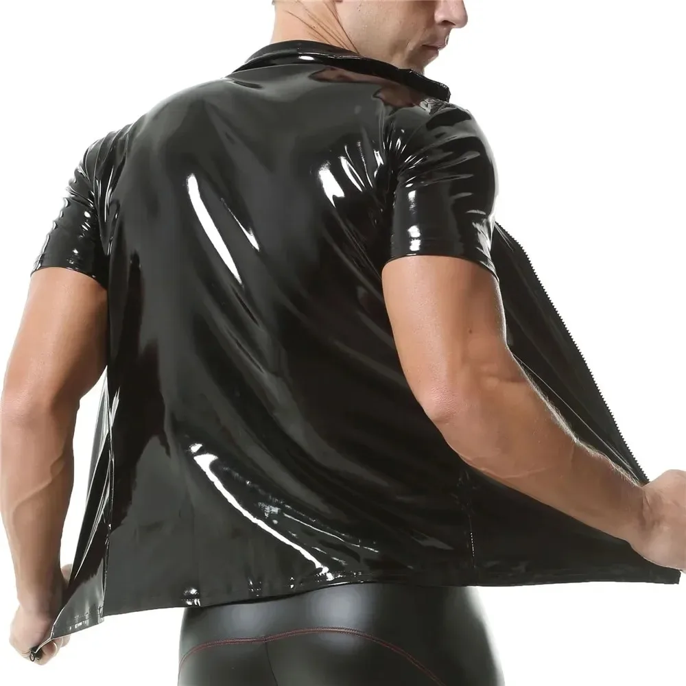 

Men's Fashion Short Sleeve Slim-fit Tees Wet Look Shiny PVC Leather Zipper T-shirts Sexy Turn Down Collar Shirts Clubwear Tops