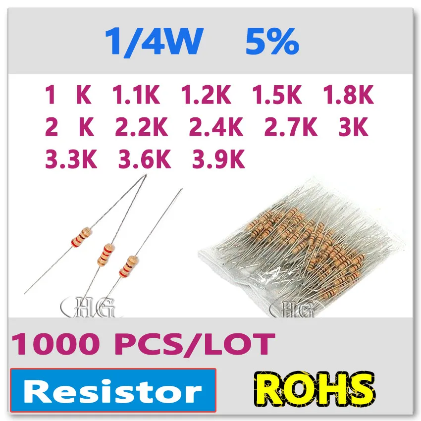 JASNPROSMA 1000PCS/LOT 5% 1/4W 1K 1.1K 1.2K 1.5K 1.8K 2K 2.2K 2.4K 2.7K 3K 3.3K 3.6K 3.9K carbon film DIP OHM New Resistor