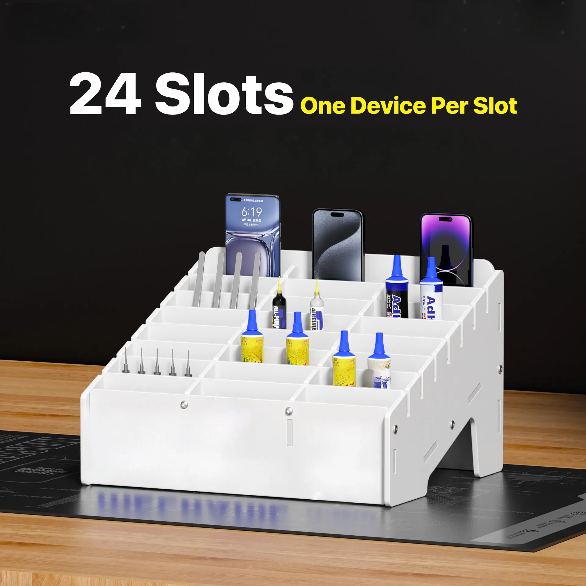 White 24-Compartment Mechanic Storage Box for Phone Screen Repair Tools Cards and Small Electronics Organization