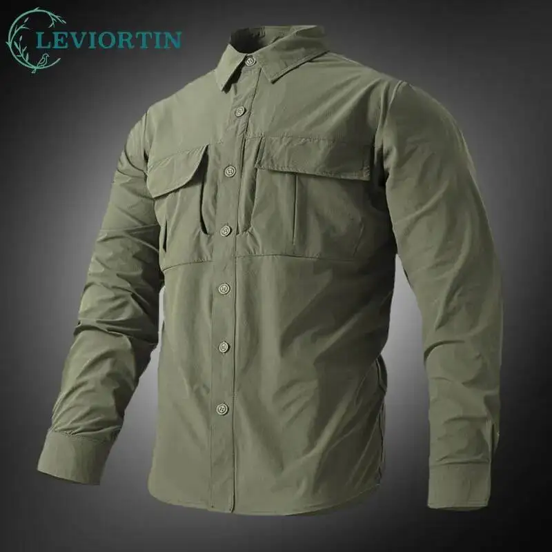 

Мужская универсальная уличная рубашка с высокой эластичностью, защита от льда и солнца, повседневная рабочая одежда с несколькими карманами и рубашкой с воротником