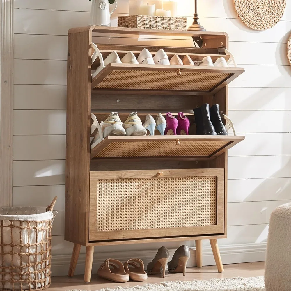 

Shoe Storage Cabinet with 3 Flip Drawer Natural Rattan Shoe Cabinet Organizer Freestanding Wooden Shoe Rack Storage Cabinet with