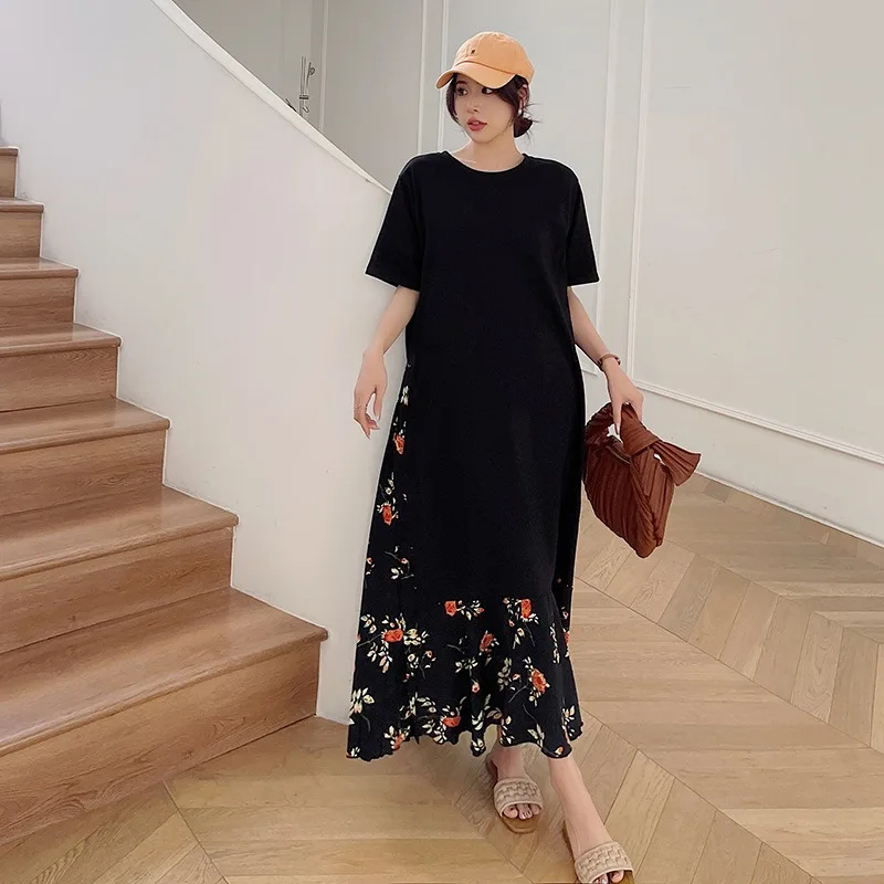 Vestido informal holgado de verano para mujer, vestido largo ajustado con costuras florales, vestido falso de dos piezas de manga corta, novedad de 2025