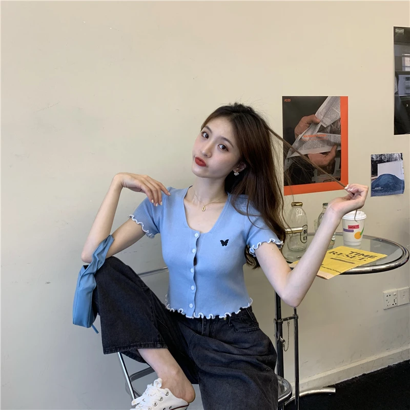 夏の新作カーディガン レディース シック ポリエステル プリント カジュアル ハイウエスト スリム 韓国風 Oネック ボタン ニット クロップドカーディガン