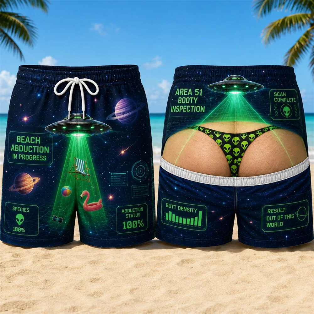 Men Funny Fake Two‑Piece Swim Shorts UFO Alien Print Green Bikini Waist Gag Beach Board Shorts