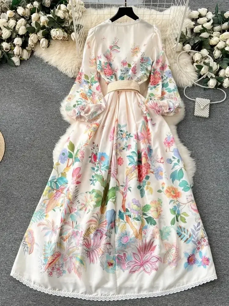 New Autumn Floral Holiday Maxi Dress Women Sexy Long Lantern Sleeve Sashes Lace Party Dress Female Elegant Trims Embroidery Robe