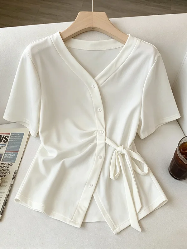 

plus Size Summer Women's T-Shirt Cute off Shoulder V-Neck Short Sleeve Slimming Fashionable Regular Length Casual Top