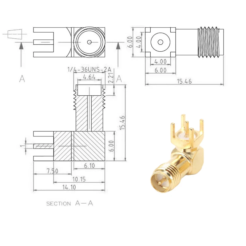 5 Stück SMA-KWE RP-SMA Buchse 4-polig SMA Lötanschluss für Leiterplattenmontage Rechtwinkliger HF-Koaxialadapter – Detail 2