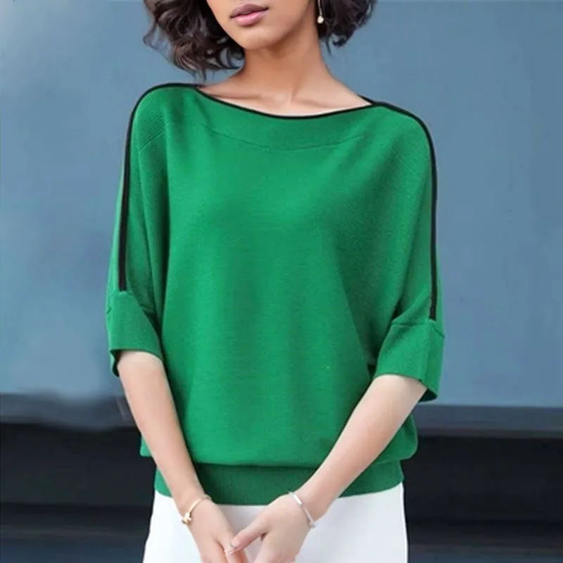 New Fashion Ice Silk Knitted T-shirt Women Half Sleeve O Neck Tshirts Summer Woman Tops Casual Loose Lady Tees Clothes 14425