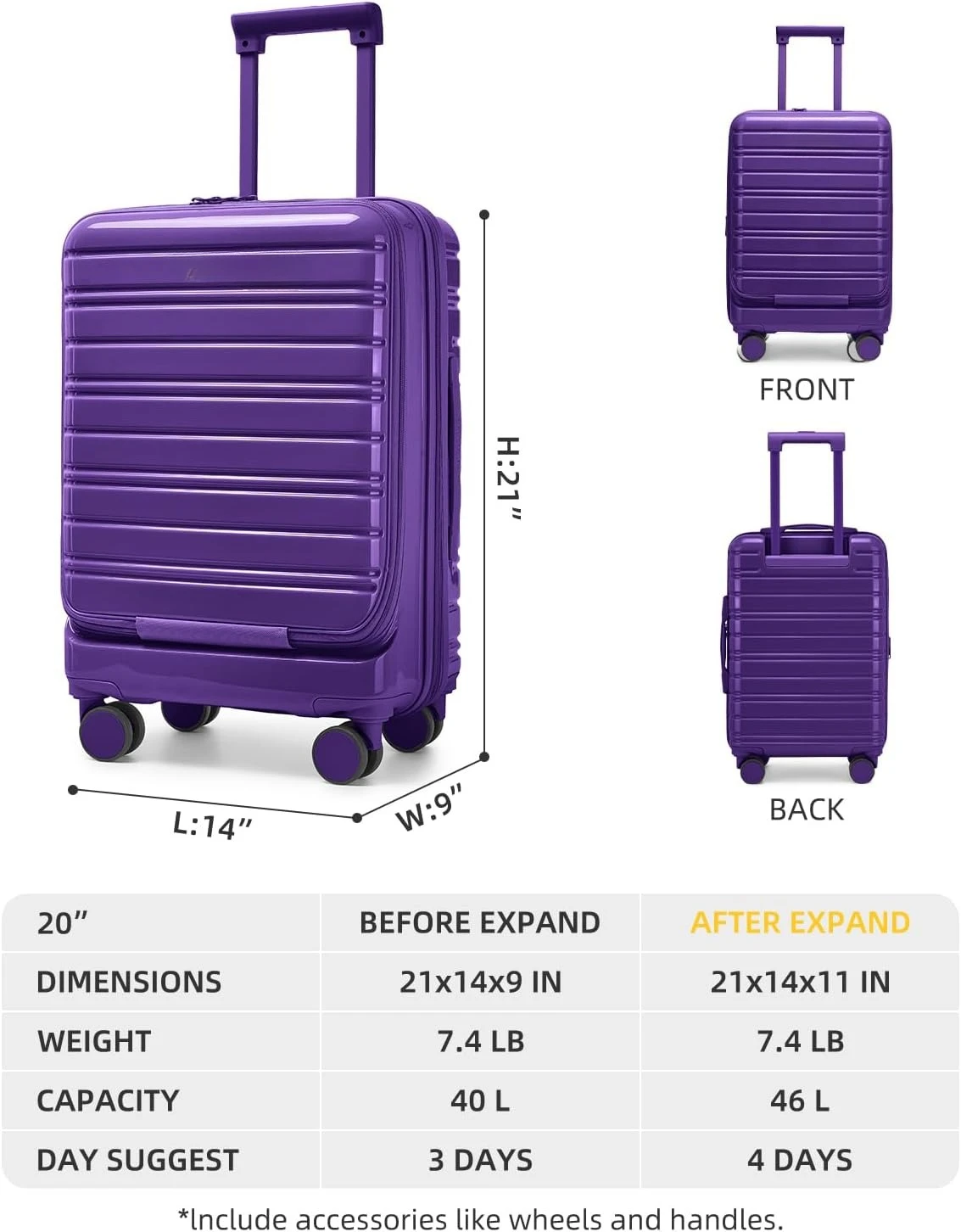 Expandable Carry On Luggage 22x14x9 Airline Approved, Front Pocket 20 Inch Hardside Suitcase With Silent Spinner Wheels, Travel Roller Case With TSA Lock For Laptop Women Men, Lavender - view 4