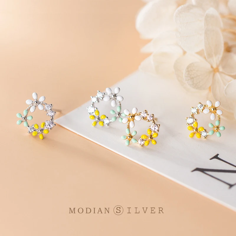 Modian Romantic Enamel Three Little Flower Stud Earrings for Women 925 Sterling Silver Dazzling Clear CZ Earring Luxury Jewelry