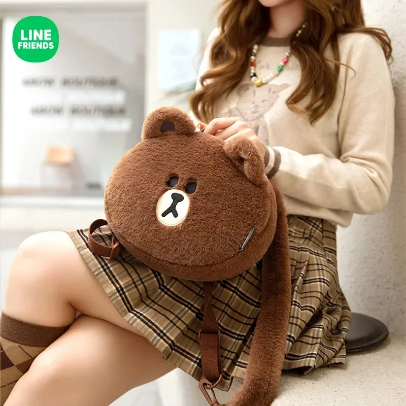 2024 LINE FRIENDS Anime Kawaii Plush Brown Bag Women New Autumn Winter Popular Student Single Double Shoulder Crossbody Bag Gift