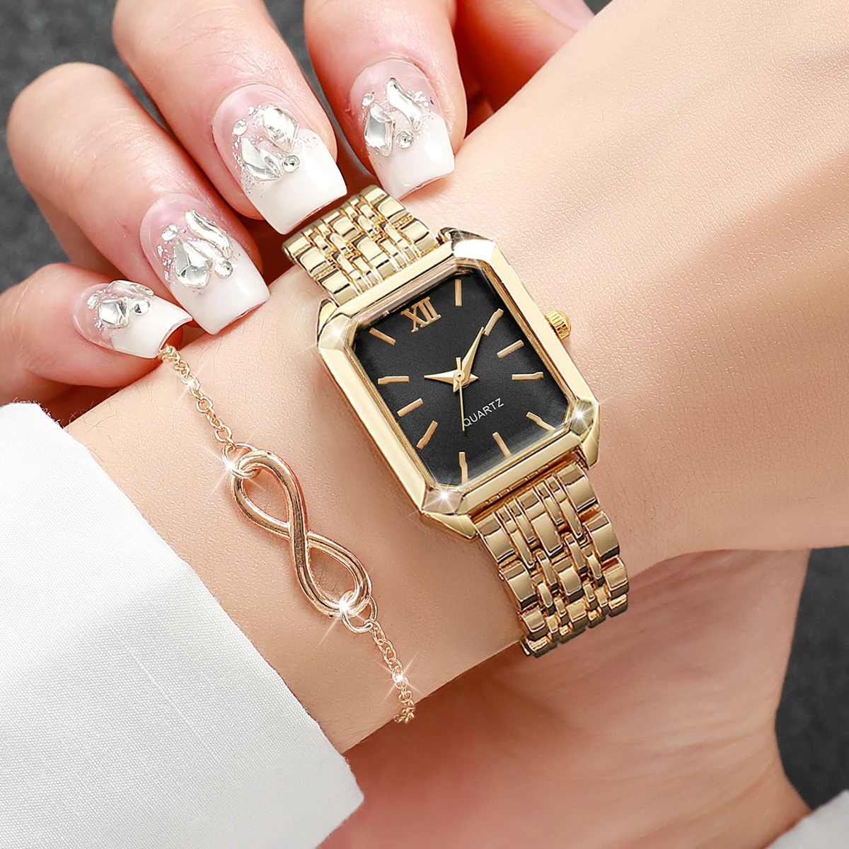 2PCS Fashion Rectangle Women Quartz Watch Bracelet Set Ladies Roma Dial Wristwatch Reloj Mujer Girls Clock Gift (Without Box)