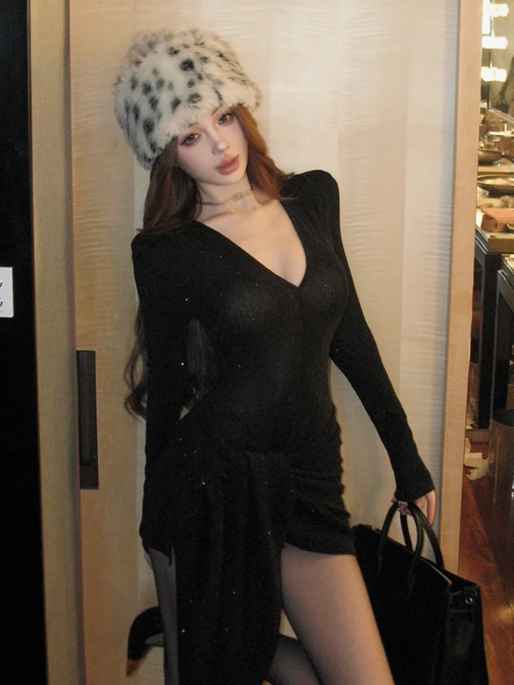 

Весна 2026, утягивающий комбинезон и комплект с v-образным вырезом и юбкой, сексуальный модный женский ансамбль Faion Long Sve irt Sle