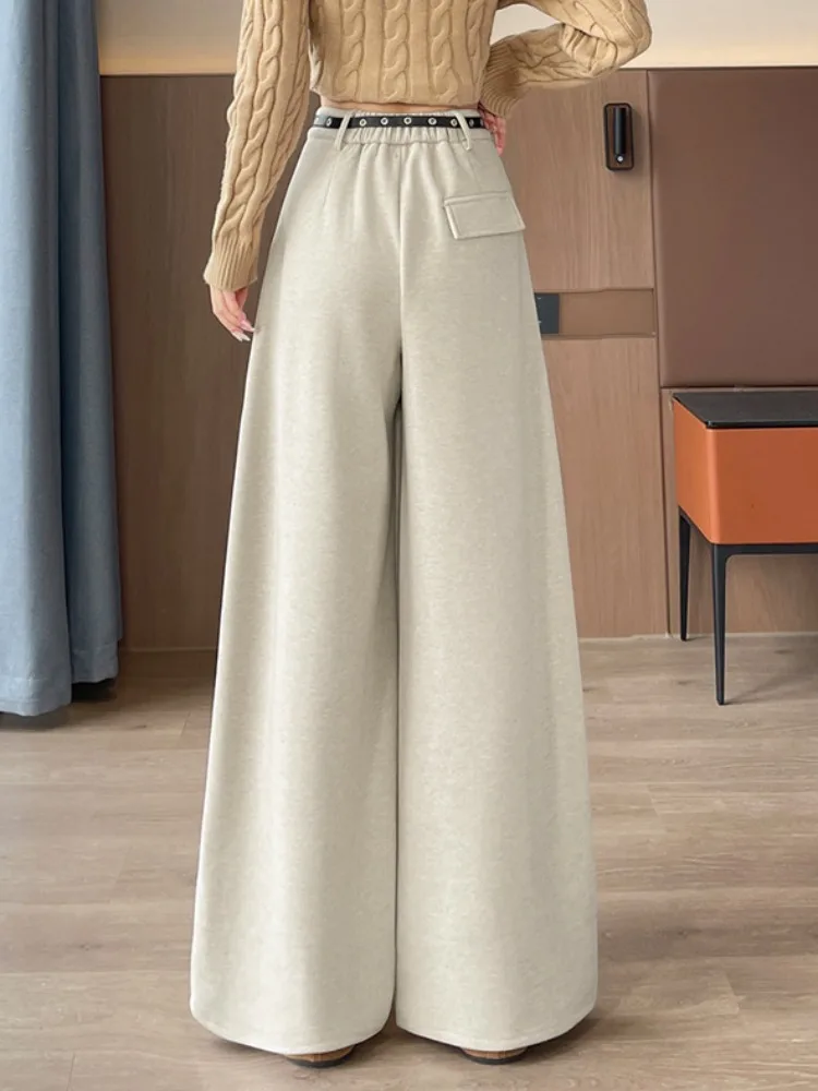 Modne spodnie damskie z wysokim stanem, ocieplane wełną, codzienne, zimowe, z podszewką z polaru, proste nogawki, długość do podłogi, szerokie nogawki.