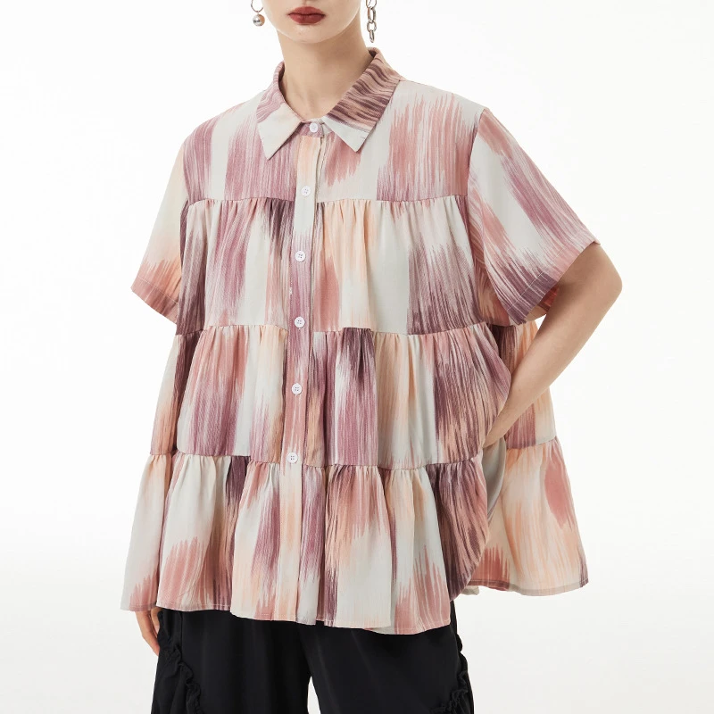 Street Gradient Tie Dyed Short Sleeve Shirt Thin Loose Draping Fashion Casual A-line Cake Shirt Fashion Tide Spring Summer