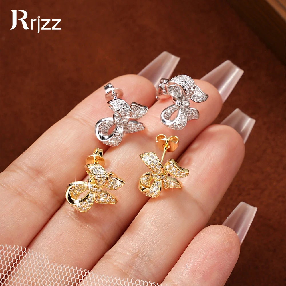 Rrjzz Sparkling D Color All Moissanite Sweet Bowknot Stud Earrings Lab Diamond Women Symmetrical Stud Earrings Jewelry Gifts