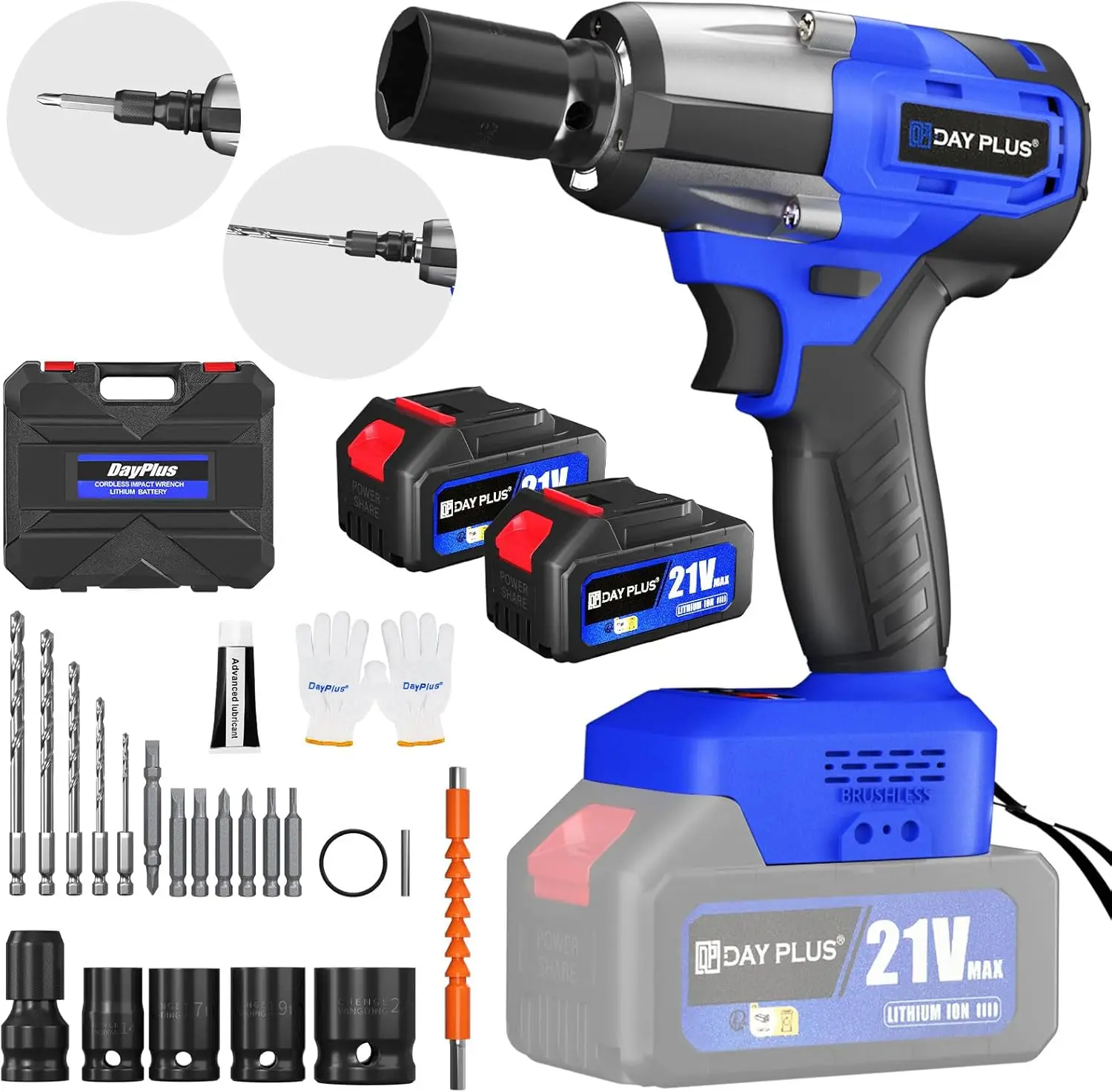 

21V Cordless Impact Wrench,1/2"Brushless Impact Driver,2500RPM&Max Torque 450Nm,3-in-1 High Torque Electric Wrench with 4 Socket