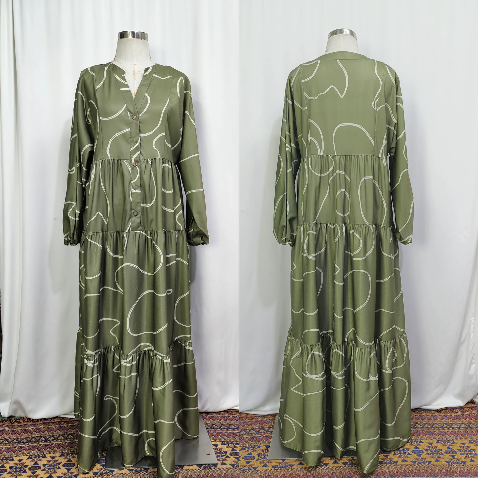 

Middle East Saudi Arabia Dubai Fashion Robe Muslim Women's Long Printed Dress V-neck Loose Splicing Casual Long Dress