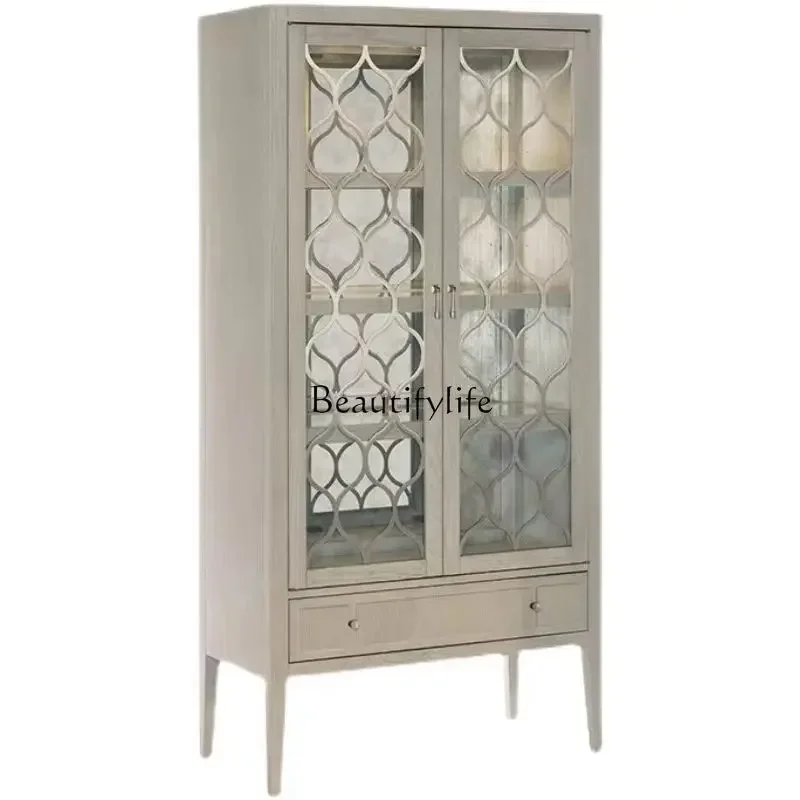 

02 American Country Solid Wood Ceramic Cabinet Decoration Modern Glass Antique Wine Cabinet Custom Furniture