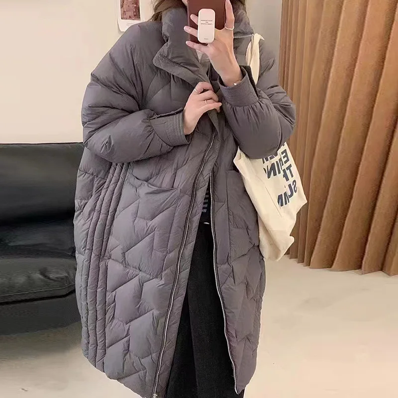 White Duck Down Jacket for Women, Oblique Collar, Warm Plaid Coat, Long Section, Thickened Winter Coat, New Fashion