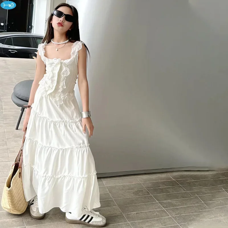 

Teen Kids Outfits Summer Children Clothes Fashion Two-piece Suits Girls Sweet Spicy Lace Slim Vest Super Fairy Long Skirt Set