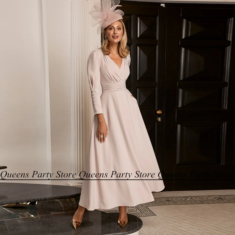 

Charming Party Dresses for Mom of Groom Long Sleeves V Neck Pleat Buttons Ankle Length A Line Wedding Mother The Bride Dress