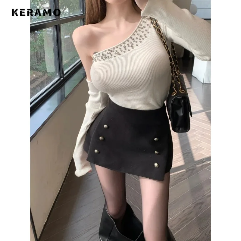 مزدوجة الصدر بسيط الصوفية ألف خط تنورة صغيرة المرأة الخريف الشتاء مثير Bodycon سراويل قصيرة تنوعا تنورة عالية الخصر