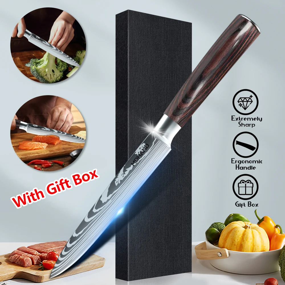 5 inch Utility Slicing Knife Stainless Steel Chef Cleaver  Multi-purpose Peeler Fruit Meat Cutter Knives with Pakka Wood Handle