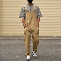Men's Loose Khaki Bib Overalls Casual Big Pockets Cargo Pants Adjustable Suspenders Jumpsuits Coveralls Dungarees
