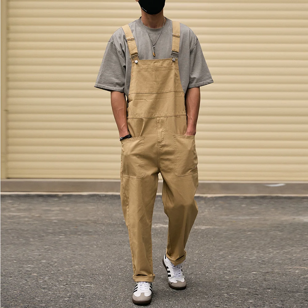 Men's Loose Khaki Bib Overalls Casual Big Pockets Cargo Pants Adjustable Suspenders Jumpsuits Coveralls Dungarees