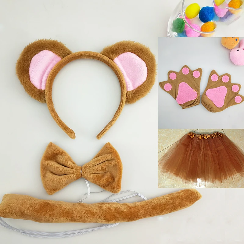 Little Monkey Headband Cosplay Kawaii Animal Halloween Party Costumes Accessories Xmas Brown Bear Ears Headband Tie Tail Skirts
