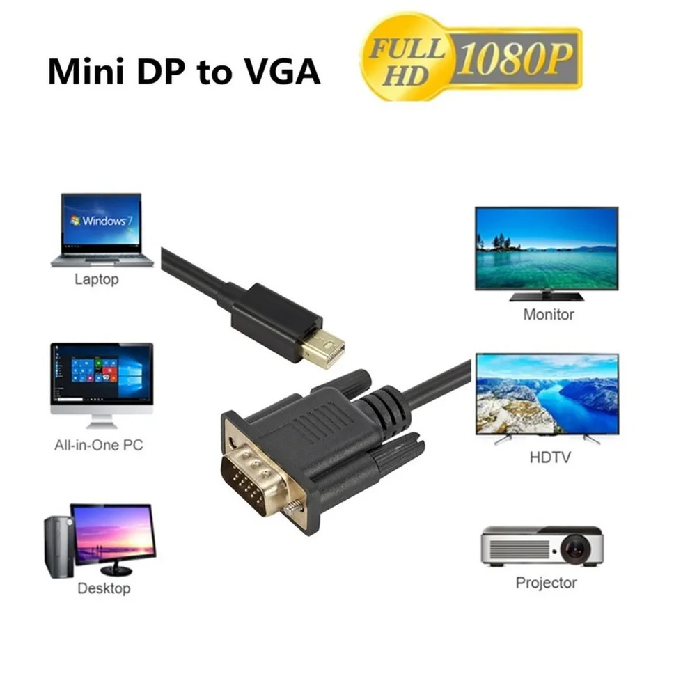 Mini DP to VGA Adapter 1080p Mini Thunderbolt Mini DisplayPort Display Port Mini DP To VGA Cable for PC MacBook Air Pro iMac