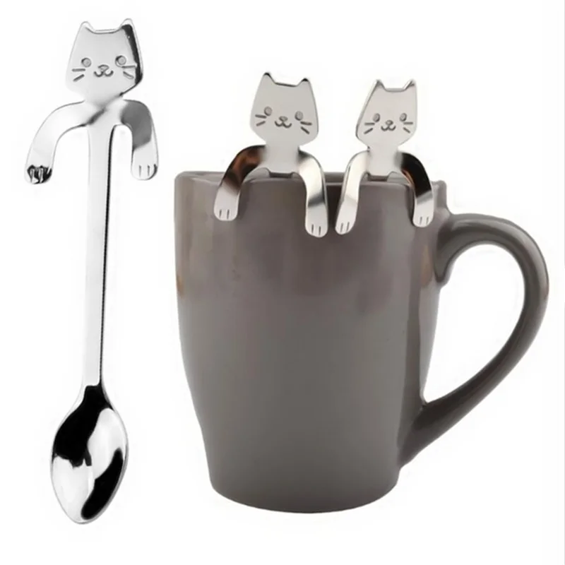 4pcs Stainless Steel Cute Cat Spoons Coffee Tea Ice Cream Teaspoons Spoon Dessert Snack Scoops Home Flatware Kitchen Accessories