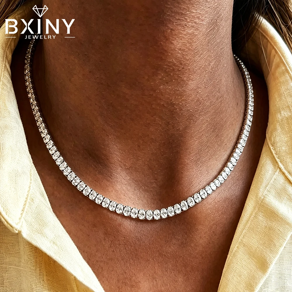 BXINY 2*4mm Oval Cut Moissanite Tennis Necklaces&Bracelet S925 Silver GRA Certified Diamond Chain for Women Wedding Gift Jewelry