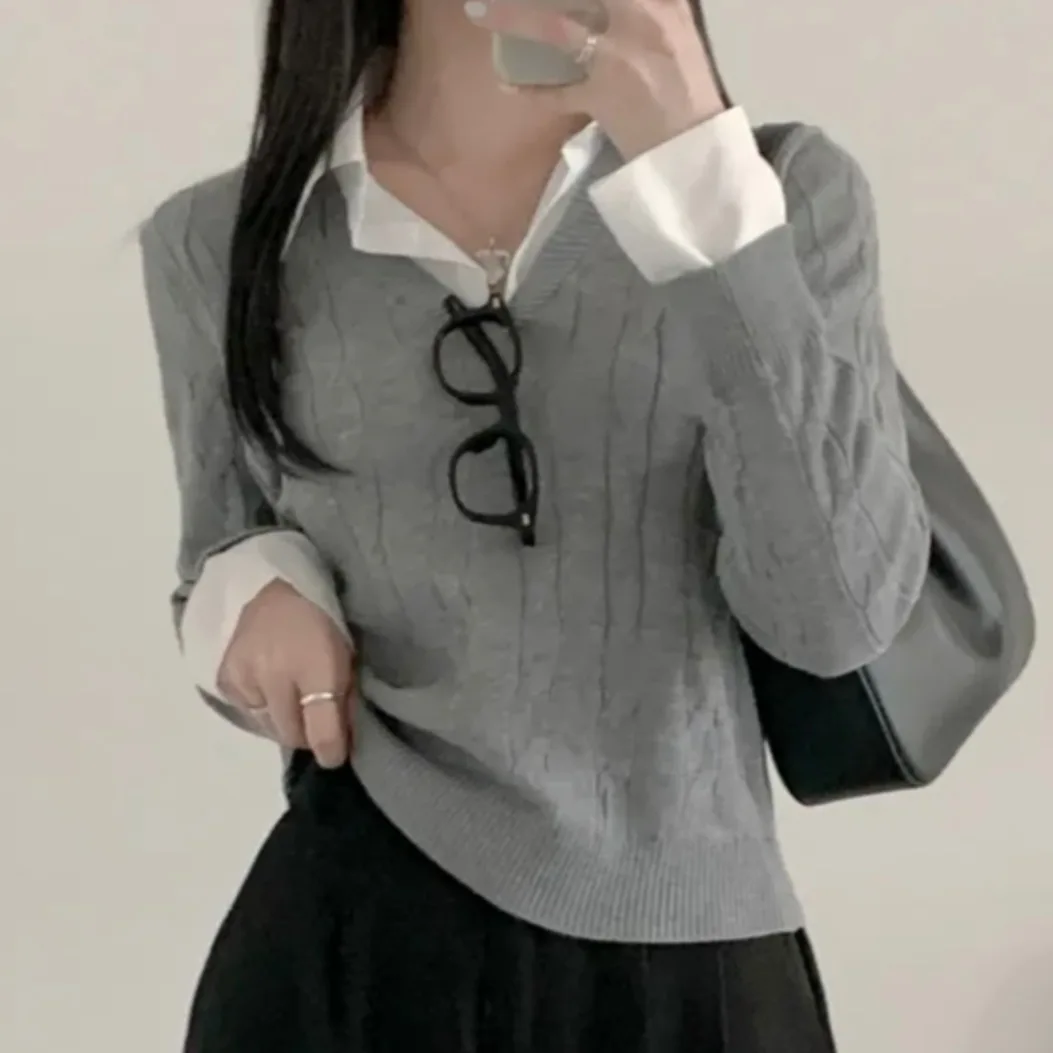 

Шикарный осенне-зимний винтажный студенческий топ с воротником-стойкой и поворотным воротником из двух предметов для женщин, прямой крой с высокой талией