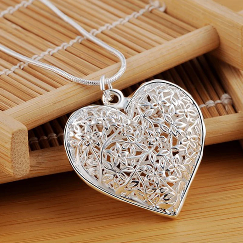 

925 Sterling Silver 18-30 Inch Carved Heart Pendant Snake Chain Necklace For Women Fashion Wedding Party Charm Jewelry