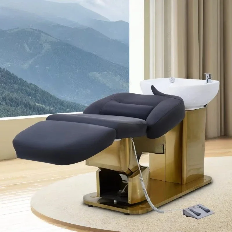Shampoo Hair Salon Bed Chair Stainless Steel Black PU Leather Beauty Barber Shop Easy to use Durable Practical Good quality