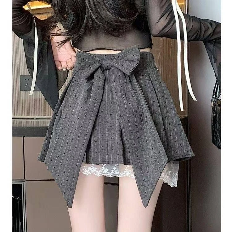 Women Y2k Lolita Pleated Mini Skirt 2026 Summer Lace Patch Bow Decor Striped Dot Print Cute Streetwear Trend Fashion Short Skirt