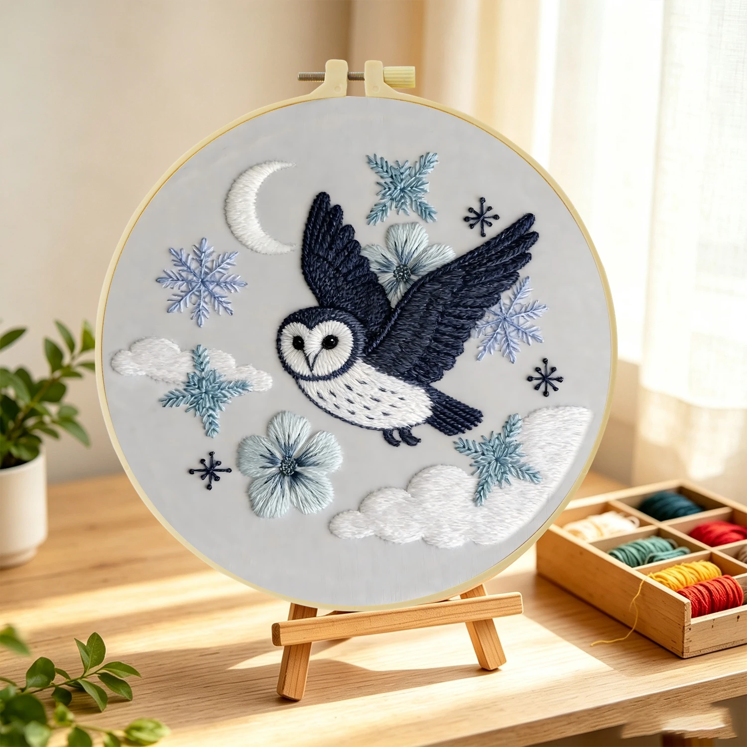 1 Set Mondlicht-Eule DIY-Stickerei-Set für Anfänger, Stick-Starter-Kit, Kreuzstich-Kunstgeschenk, Nadelarbeiten – Detail 4