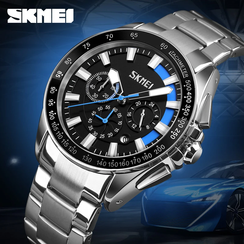 SKMEI Fashion Trendy Steel Band Quartz Watch, Men's Student Waterproof Multifunctional Six-Hand Watch